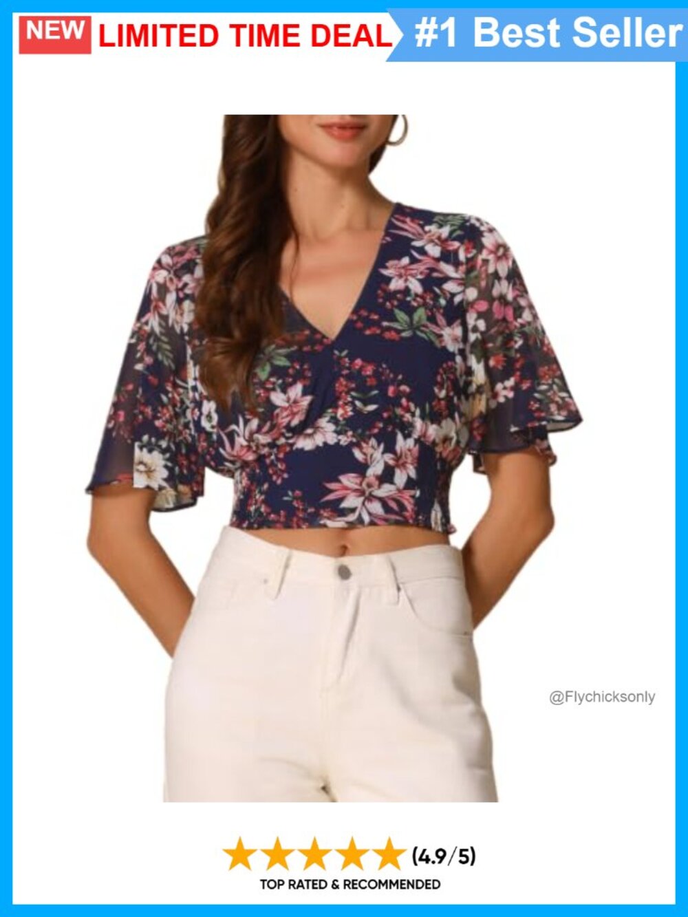 Women's Floral V Neck Smocked Hem Crop Top Flare Short Sleeve Boho Casual